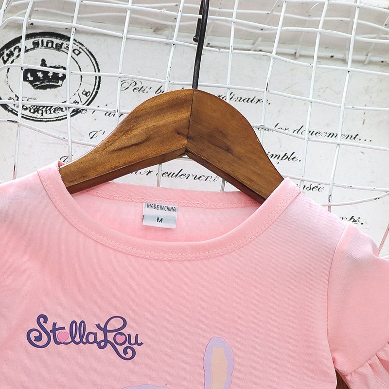 Áo thun cổ tròn tay dún bèo in hoạt hình thỏ cho bé gái 3-4-5-6-7-8 tuổi