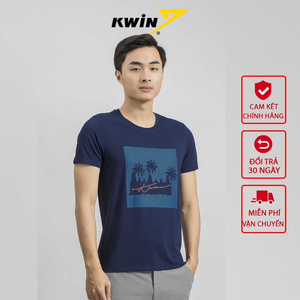 Áo thun nam ngắn tay KWIN màu xanh tím than trẻ trung hoạ tiết cây dừa nổi bật thoáng mát KTS011S9