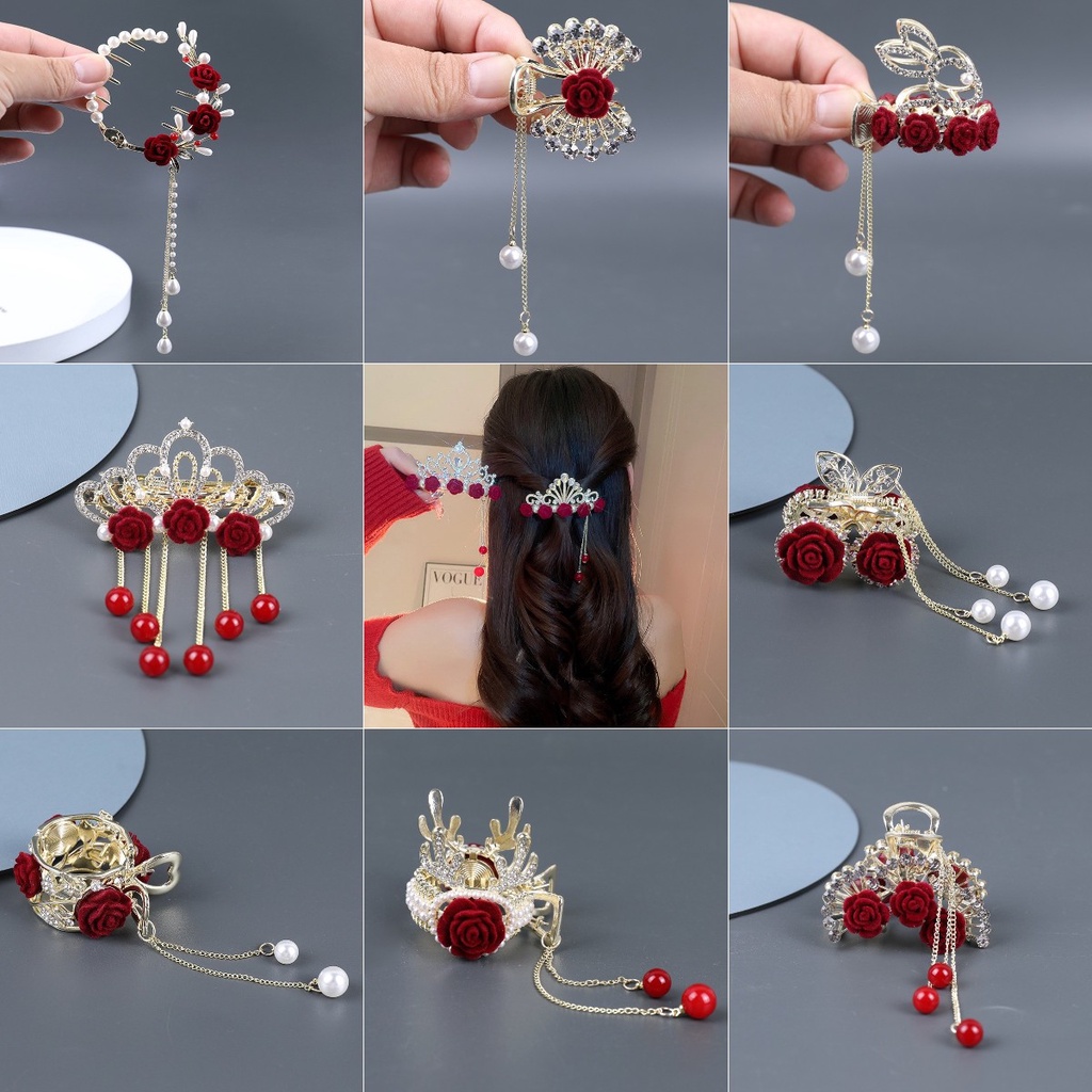 Flocked Kẹp Tóc Đuôi Ngựa Đính Đá Ngọc Trai Giả Cao Cấp