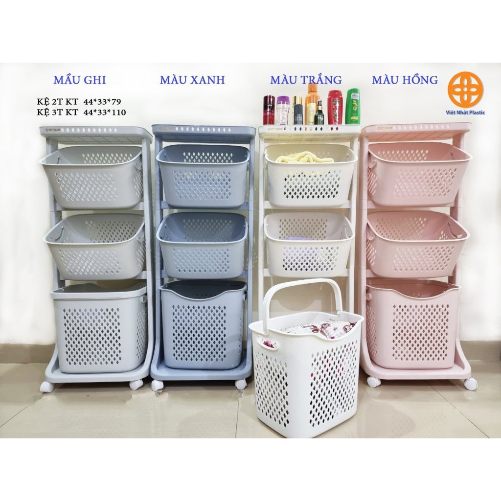 Kệ nhựa 3 tầng Việt Nhật Plastic, kệ đựng đồ đa năng có bánh xe và sọt to để đồ tiện lợi nhiều màu sắc lựa chọn