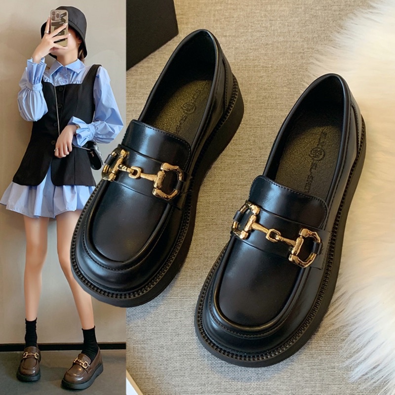 Giày lolita 5 phân đính khuyu phong cách Hàn Quốc,Giầy đốc nữ,Búp bê da mềm độn đế chuẩn Quảng Châu full box siêu dễ đi