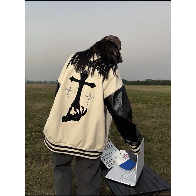 Áo Bomber, Áo Khoác Nỉ Dạ Tay Da Thêu Hình Thập Giá Sau Lưng