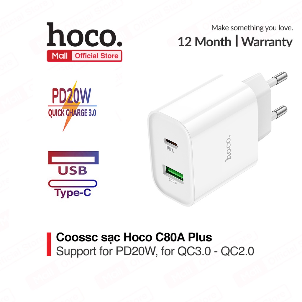 Củ sạc nhanh 20W Hoco C80A Plus 2 cổng USB/18W - PD 20W hố trợ sạc nhanh cho Smartphone