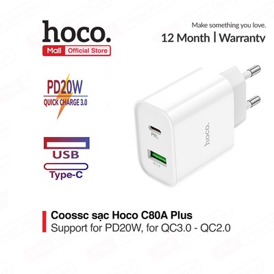 Củ sạc nhanh 20W Hoco C80A Plus 2 cổng USB/18W - PD 20W hố trợ sạc nhanh cho Smartphone