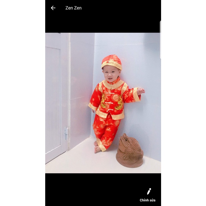 Bộ đồ tết bé trai kèm nón nút tàu chất gấm thêu hoa văn