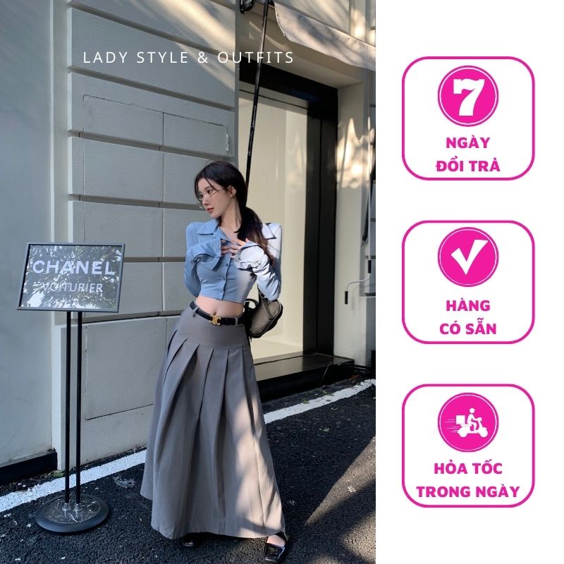 Chân Váy Xếp Li Dáng Dài Màu Xám LADY STYLE & OUTFITS
