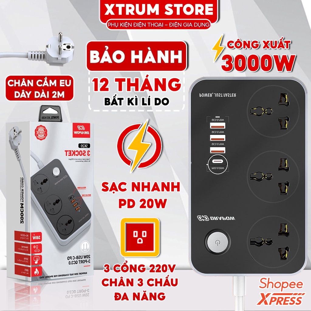 Ổ Cắm Điện Đa Năng DRAPOW SK20 Chịu Tải 3000W Sạc Nhanh PD 20W + Cổng USB 3.0 18w Ổ 3 220v Dây Dài 2M, Chịu Nhiệt Cao