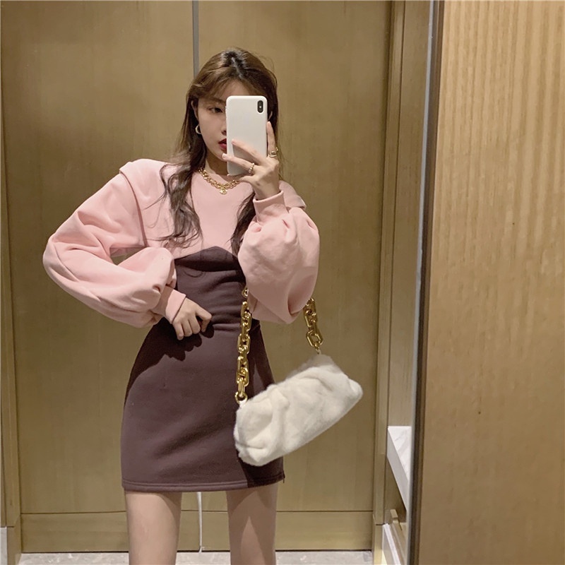 Đầm Len Lông Xù Phối Màu Tương Phản Thời Trang Mùa Thu Mới Cho Nữ