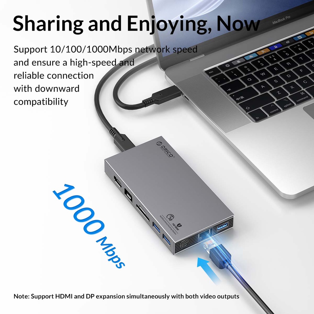 Trạm Sạc ORICO USB Type C Sang HDMI 4K60Hz PD100W USB3.0 10Gbps Cho MacBook Pro RJ45 OTG Thẻ SD (CDH-10H)