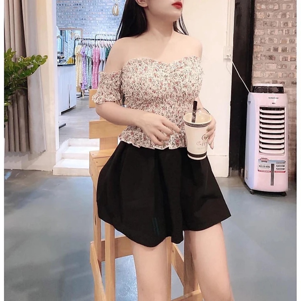 Áo Von Bo Nhún Trễ Vai Tay Ngắn Cúp Ngực Phối In Hoa Tiểu Thư TTSLA0982