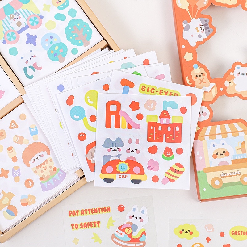 Sticker cute/Hộp 100 tấm hình dán sticker dễ thương Acrobatics Circus trang trí sổ planner bullet journal Tẻn Tẻn