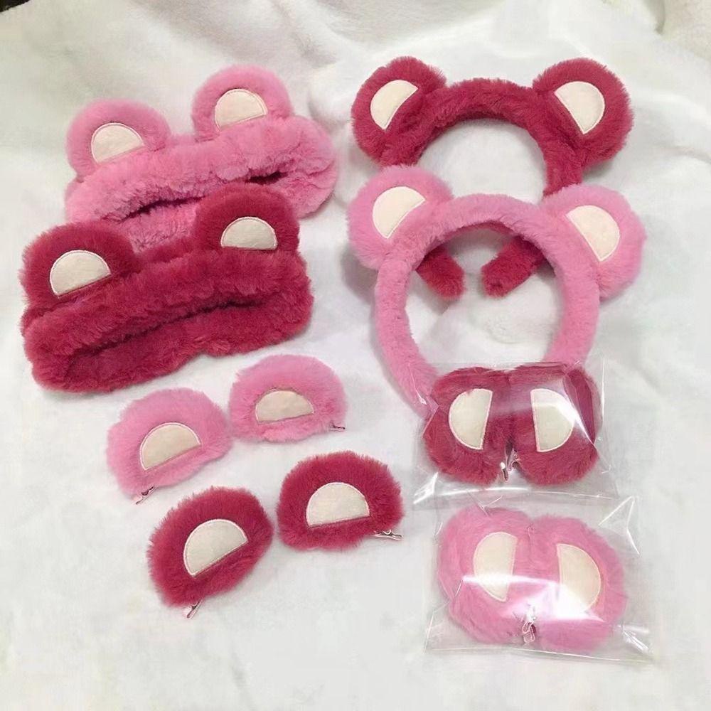 BACK2LIFE Set 2 Băng Đô Cài Tóc Vải Lông Không Trơn Hình Gấu / Dâu Tây Dễ Thương Cho Nữ Rửa Mặt