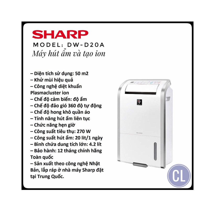 Máy hút ẩm và lọc khí Sharp DW-D20A-W (Hàng chính hãng, Công suất 20 lít/ngày, Diện tích 50m2, Bảo hành 12 tháng)