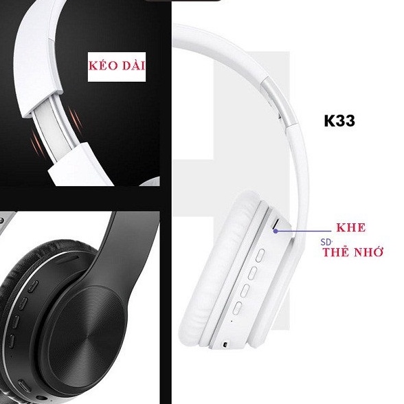 Tai nghe Chụp Tai XS Store K33 - Headphone Không Dây, Chống Ồn - Có Khe Cắm Thẻ Nhớ