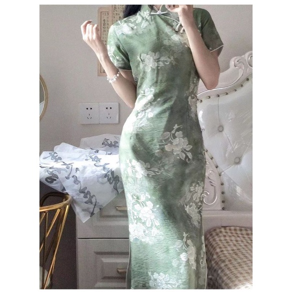 Đầm Sườn Xám Cách Tân Hoạ Tiết Hoa Văn Siêu Xinh