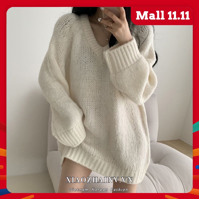 Xiaozhainv Áo sweater cổ chữ V tay dài form rộng phong cách Hàn Quốc trẻ trung cho nữ 2 màu tùy chọn