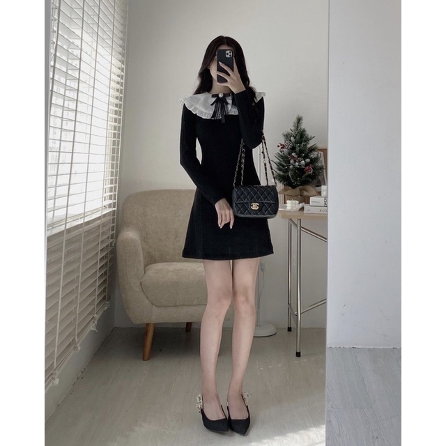 Váy chữ A len gân cổ bèo tay dài chất đẹp YANSOO