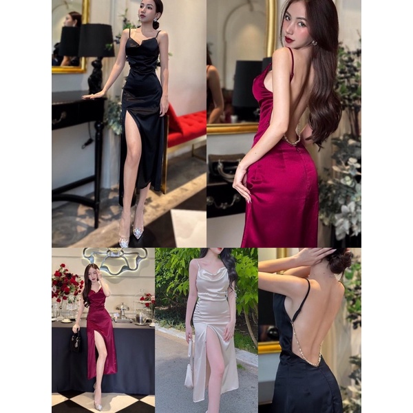 (New-hình thật) đầm midi lụa satin cổ đỗ hở lưng dây ngọc sang chảnh Yn