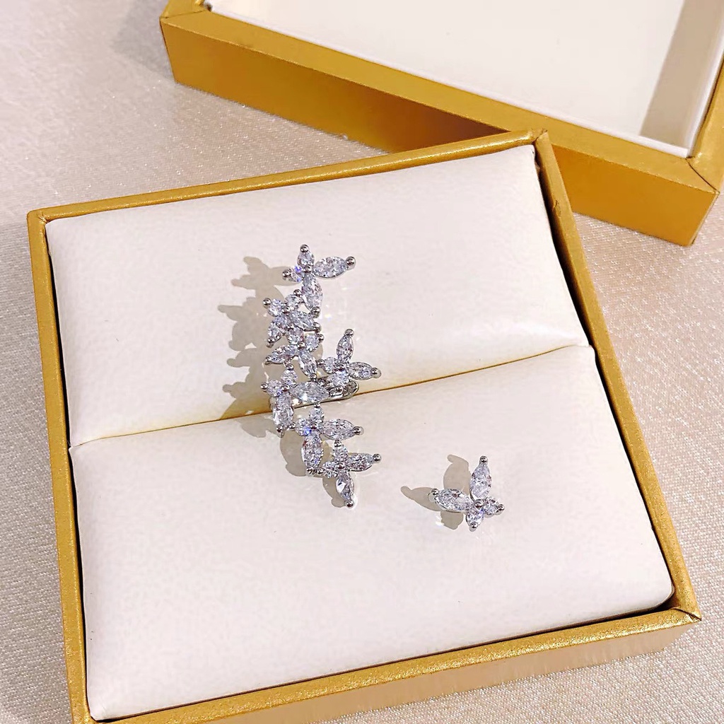 Bông tai, khuyên tai gắn vành tai đính hạt hình cỏ 4 lá dành cho nữ Hàn Quốc