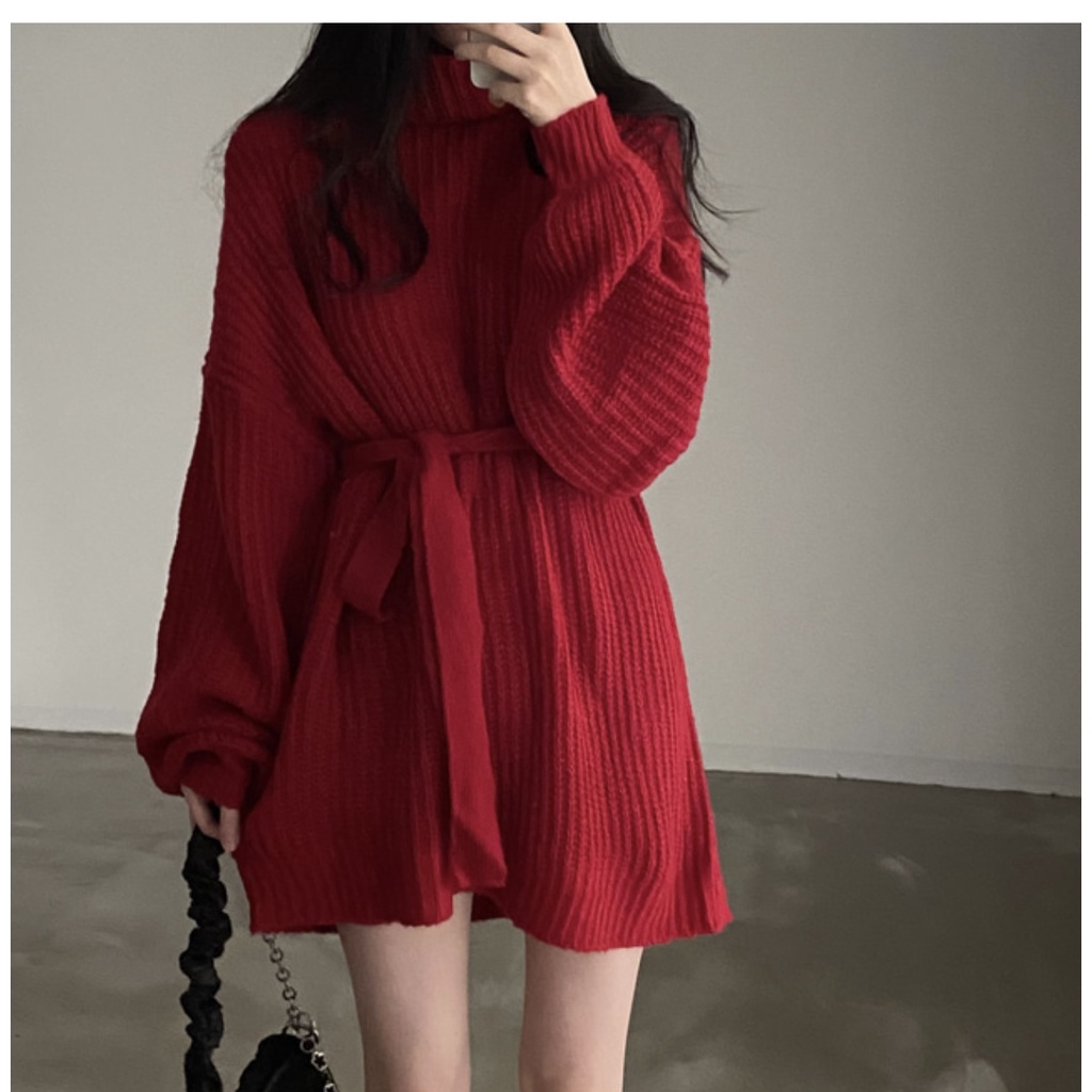 Nhanh Chóng❀Giáng sinh. Đầm Dệt Kim Cổ Lọ Cột Dây Tay Phồng Màu Đỏ Phong Cách Giáng Sinh Thu Đông Kích Thước Lớn mm Tây Tạng Cho Nữ Năm Mới