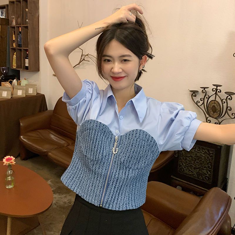 IELGY Áo denim Tay Ngắn Dáng Ôm Phong Cách Thời Trang Pháp Cổ Điển Dành Cho Nữ