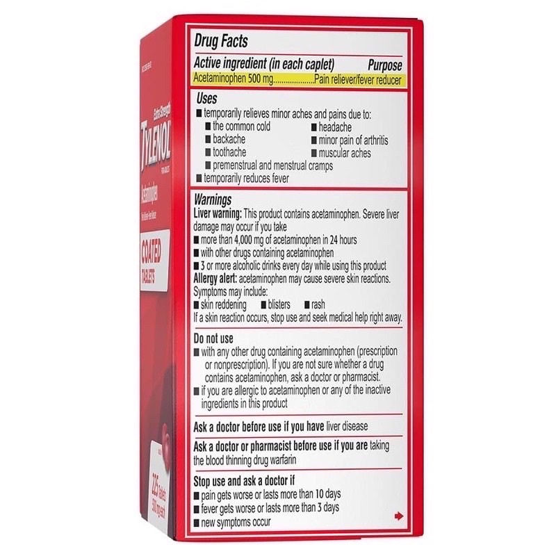 Viên uống 𝙏YLÊ𝙉ÔL Acetaminophen Extra Strength 500mg 225 Coated Tablets Mỹ