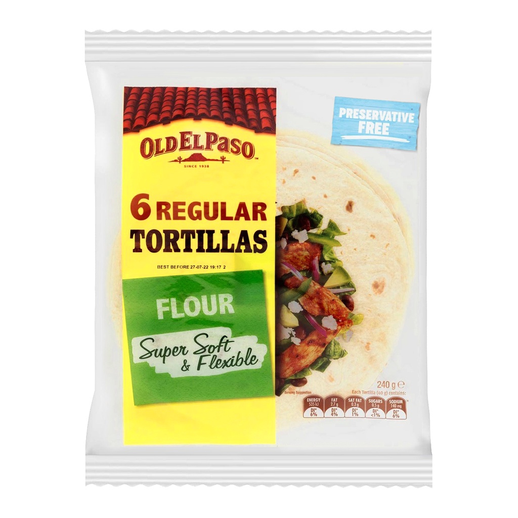 Vỏ Bánh Tortilla Truyền Thống Old El Paso Mexican Burrito Regular Tortillas Flour, Super Soft Flexible - Gói 6 cái (Úc)