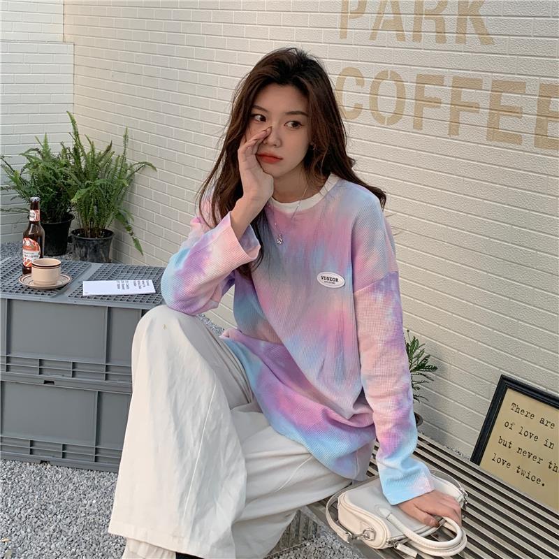 IELGY Áo Thun Dài Tay Nhuộm Màu In Chữ Phong Cách Hàn Quốc Cho Nữ