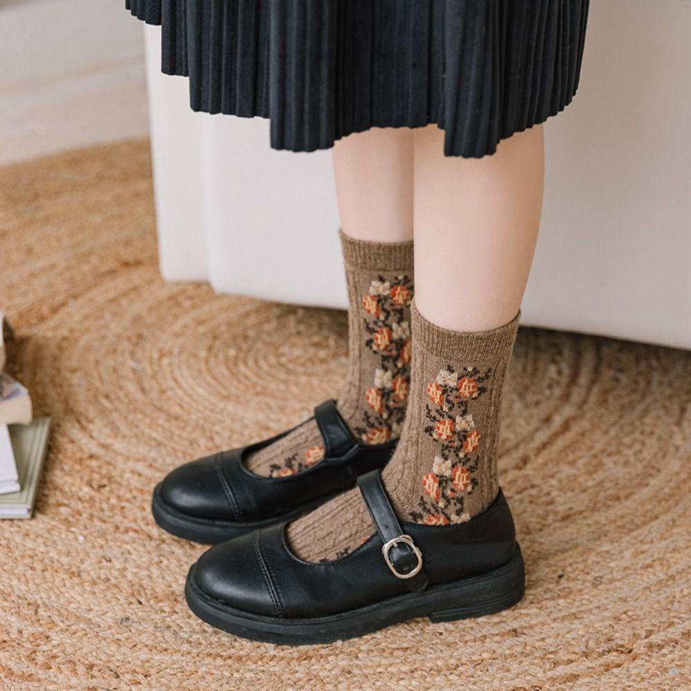 Vớ Len Dày Mềm Mại In Họa Tiết Hoa Phong Cách Harajuku Cổ Điển Thời Trang Mùa Đông Cho Nữ