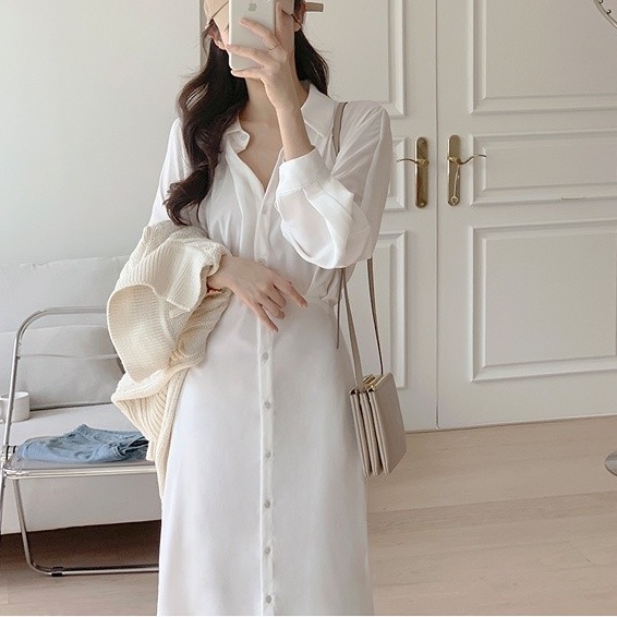 Đầm midi SUXI chữ A tay dài màu trơn ôm eo phong cách Hàn Quốc sành điệu