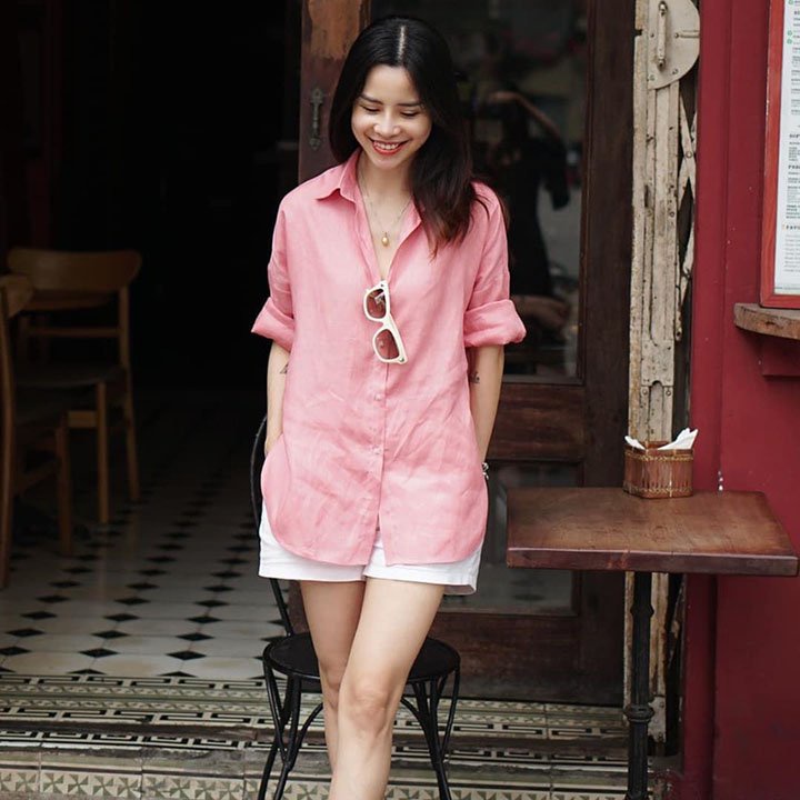 Áo sơ mi nữ form rộng trễ vai đuôi tôm vải Linen Premium trẻ trung , có 10 màu lựa chọn