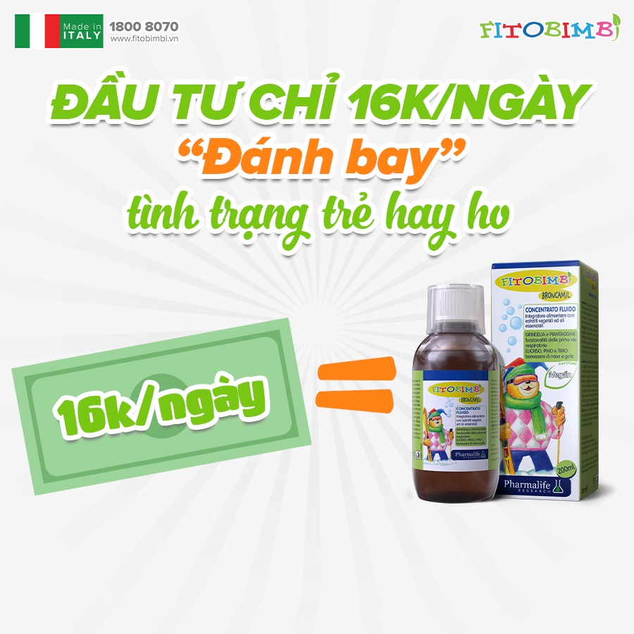 Siro ho Fitobimbi Broncamil giảm ho ba tác động, hết ho đờm, giảm kháng sinh lọ 200ml