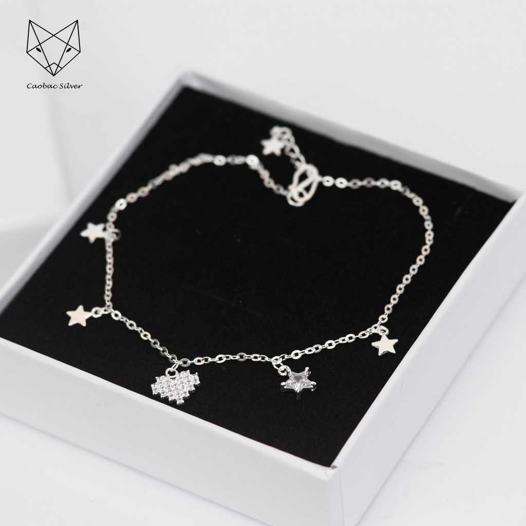 Lắc Tay Lắc Chân Bạc Cao Cấp Caobac Silver Thiết Kế Tim Đinh Đá Sao Đá Sao Trơn Rơi Độc Đáo, Tinh Xảo Dành Tặng Cho Nữ