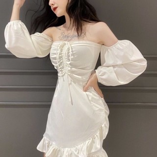 Đầm nhún ngực Váy rút ngực trễ vai tay dài trắng NHÀ NỲ