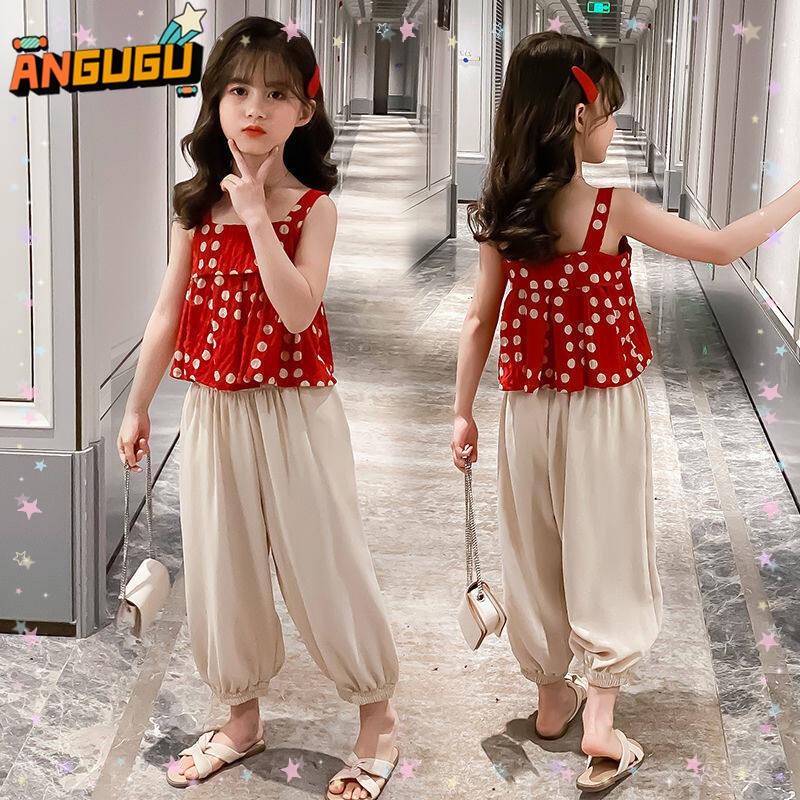 Bộ Đồ 2 Món Áo Chấm Bi Phối Quần Dài Dáng Rộng Kiểu Hàn Quốc Cho Bé Gái 1-2 - 3-4 - 5-6 - 7-8 - 9-10 - 11-12 - Năm tuổi