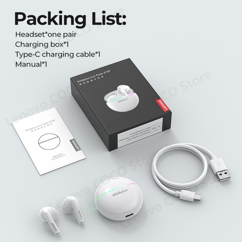 Tai Nghe Bluetooth 5.2 Không Dây TWS Có Đèn LED Và Micro Chất Lượng Cao Cho Lenovo XT97