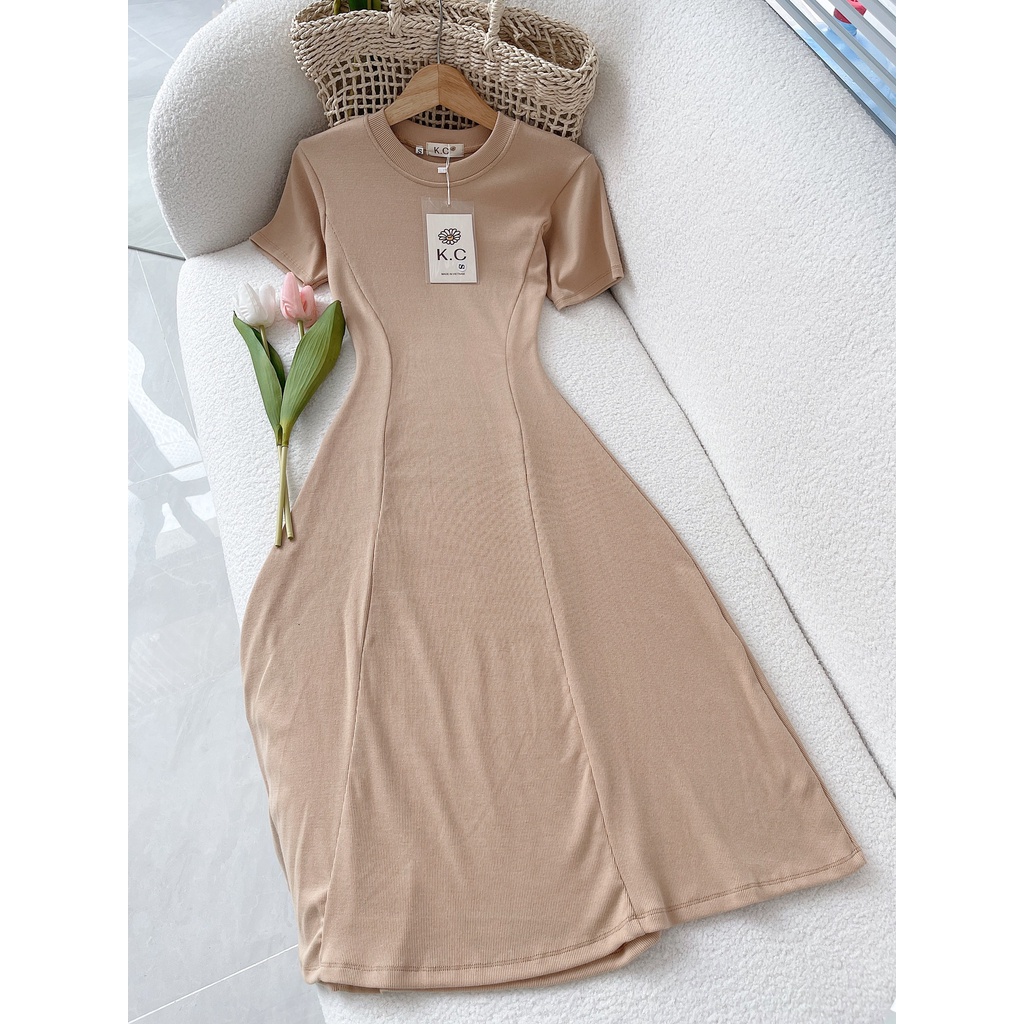 Đầm xòe chất thun gân body KC HOUSE đầm suông cao cấp 2 màu đen nude dáng dài tay ngắn