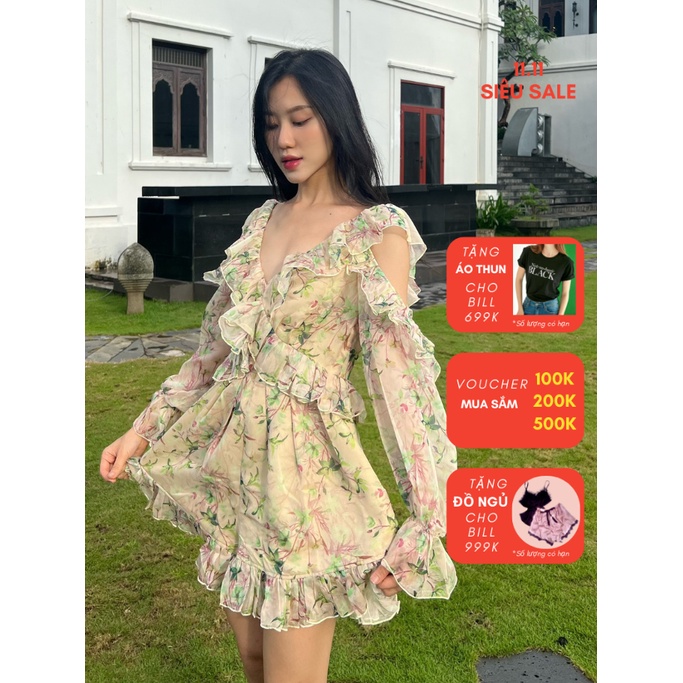 COCO SIN - Áo Liền Quần Hoa Nude Nhún