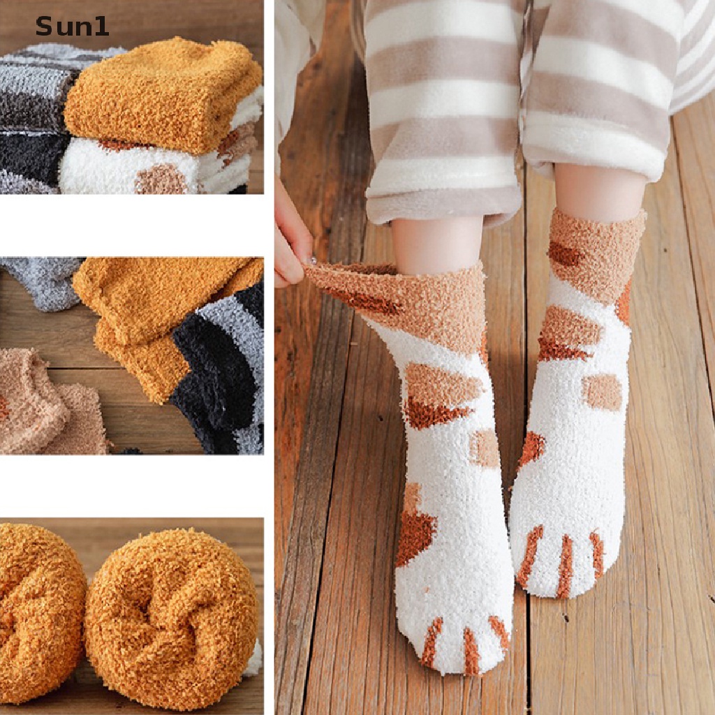 Vớ Lông Cừu San Hô Dày Ấm Áp Mềm Mại Hình Chân Mèo Dễ Thương Cho Nữ