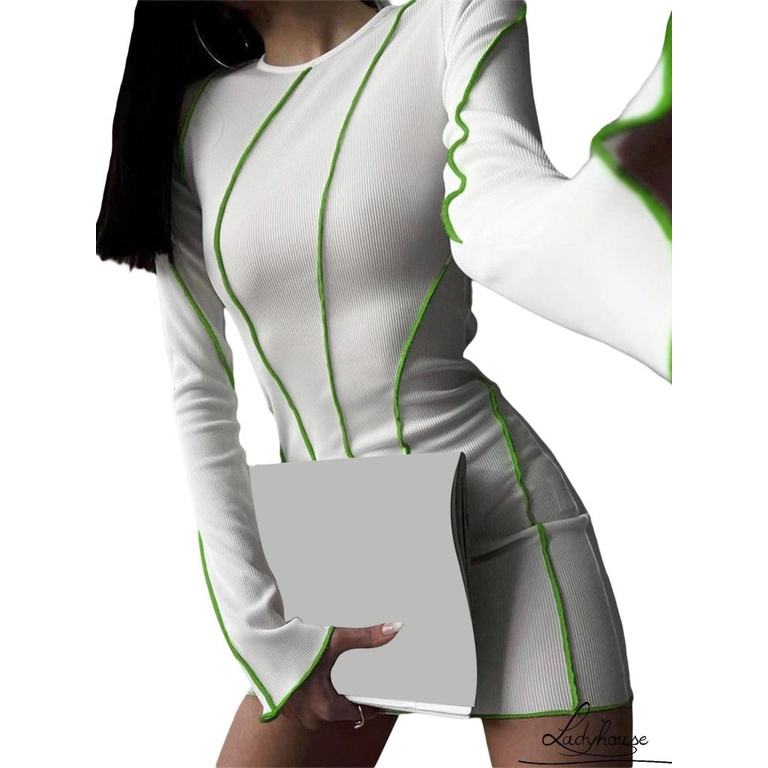 Ldd-đầm Bodycon Tay Loe Dài Cổ Thuyền Màu Tương Phản Thời Trang Xuân Thu Size S / M / L