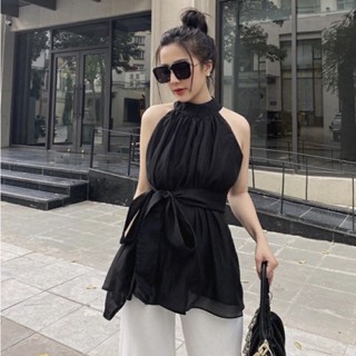 Áo kiểu nữ cổ yếm hở vai 2 lớp kèm dây đai, áo babydoll sang chảnh buộc nơ