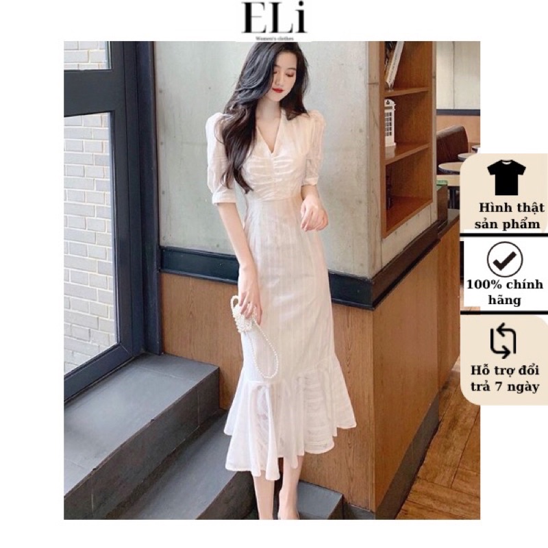 Đầm trắng kiểu Hàn Quốc ELi vải ren 2 lớp đuôi cá sang trọng