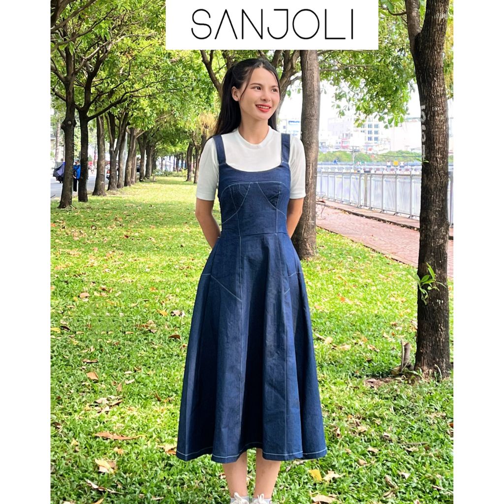 Váy yếm jean maxi nữ Sanjoli set dự tiệc dáng dài chữ A chất denim phong cách Hàn quốc trẻ trung VD003