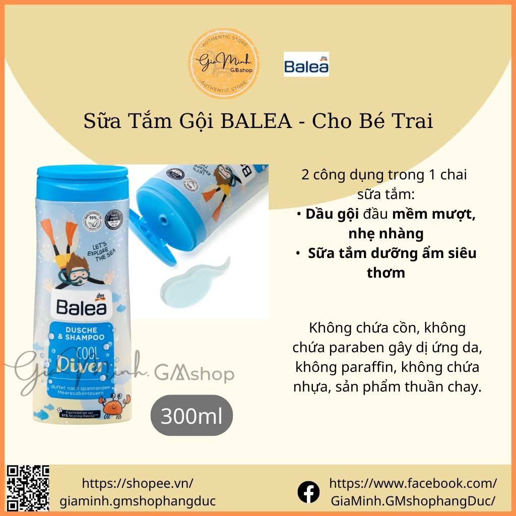 Sữa tắm Gội Balea Dusche & Shampoo Cho Bé Trai & Gái 300ml- Nội Địa Đức