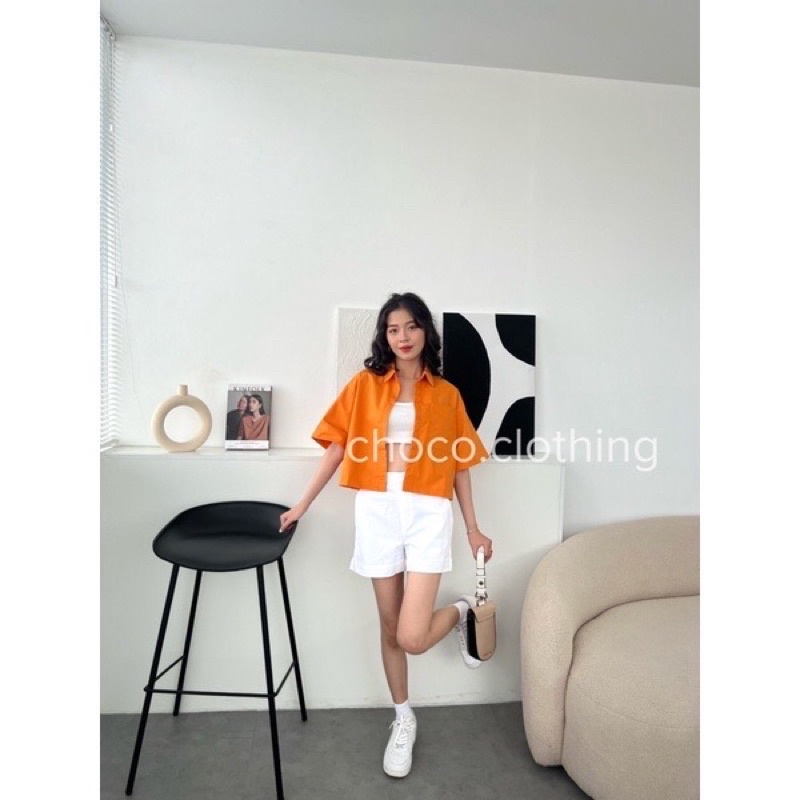 Áo sơ mi tay ngắn dáng croptop màu cam trendy (ảnh thật cuối)