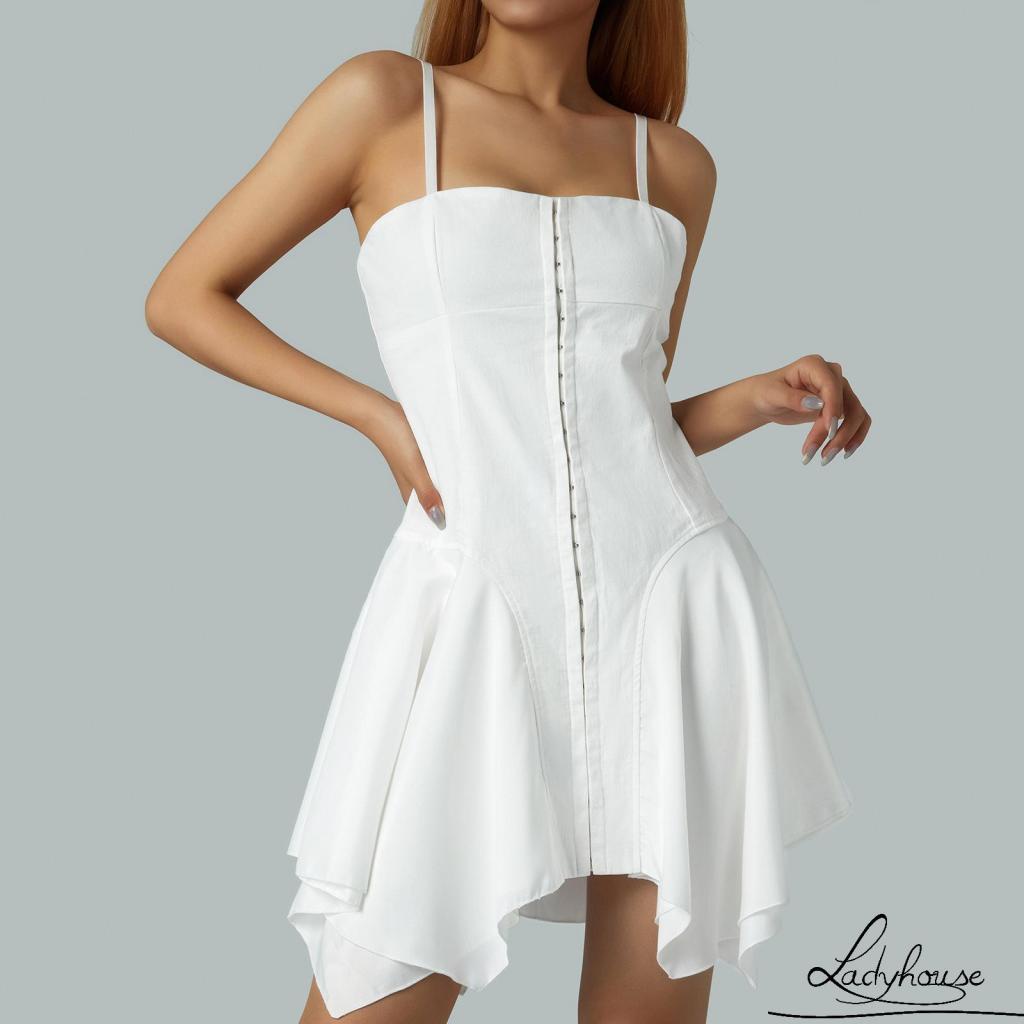 Đầm Hai Dây Mini Hai Dây Màu Trơn Hở Lưng Gợi Cảm Cho Nữ