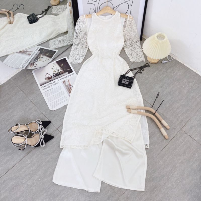 Set áo dài ren hoa nổi tay lỡ khoét vai + quần suông dài ống rộng lưng chun style nàng ther thanh lịch