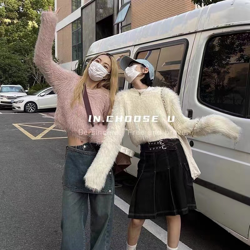 Áo Sweater Lông Chồn Màu Đen Dáng Ngắn Thời Trang Thu Đông 2022 Dành Cho Nữ