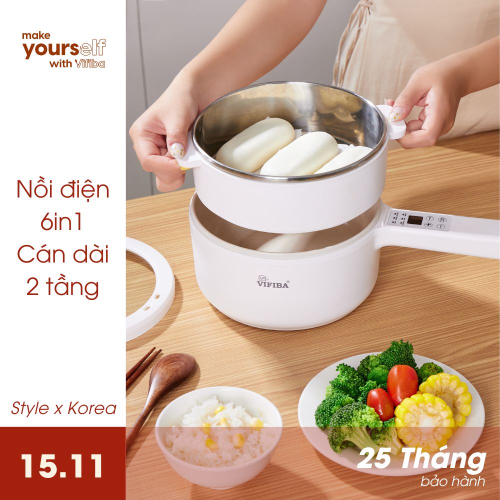 Nồi hấp điện 2 tầng đa năng 6in1 VIFIBA dung tích 1.5L, công suất 700W, 5 cấp độ, chống dính tay cầm dài - Nấu, Chiên, X