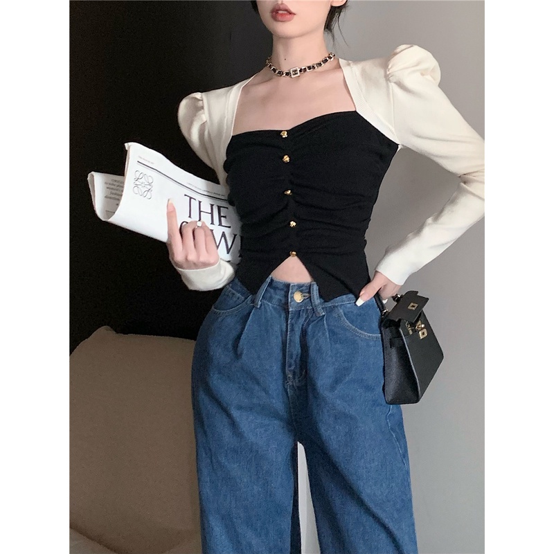 ZHELIHANGFEI Áo Sweater Dệt Kim Tay Dài Cổ Vuông Lưng Cao Kiểu Pháp Quyến Rũ